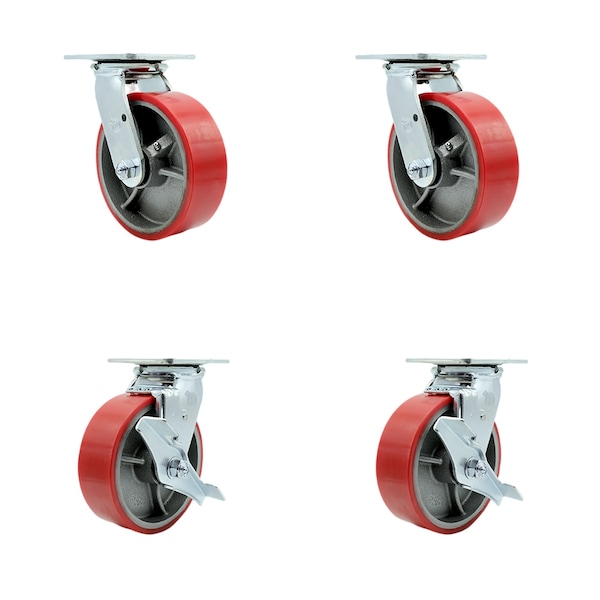 Service Caster 6 Inch Red Poly on Cast Iron Swivel Caster Set with Roller Bearing 2 Brake SCC SCC-30CS620-PUR-RS-2-TLB-2 - main